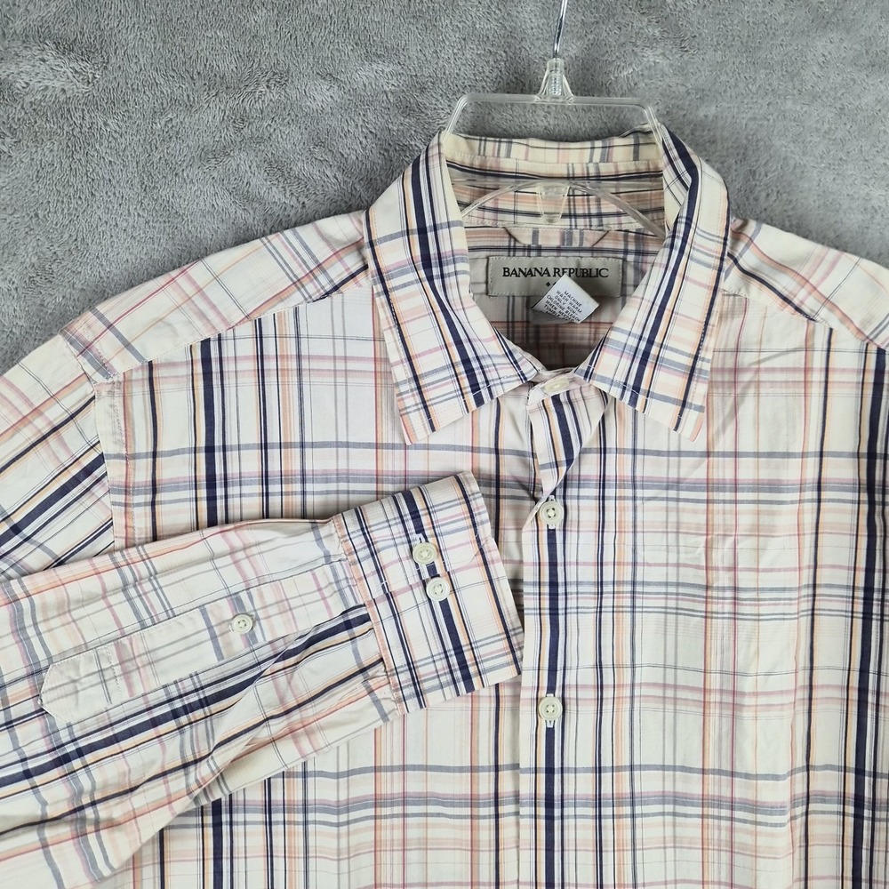 Banana Republic Mens Medium Shirt Plaid‎ Button Up Pink Blue White Long Sleeve